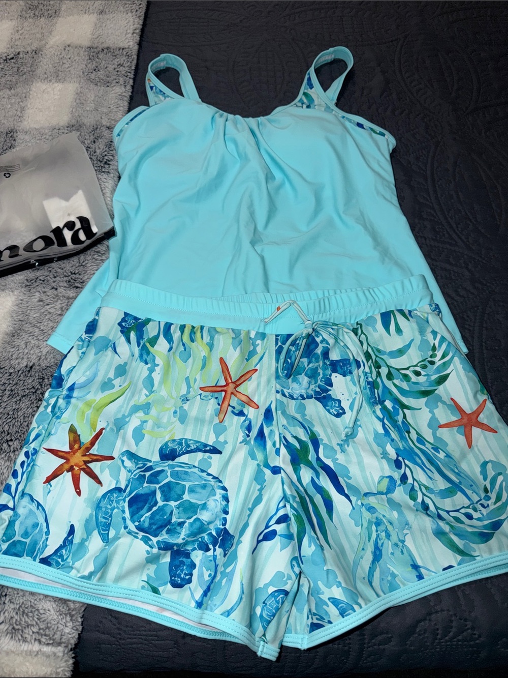 Light Blue Womens Tankini with Turtle & Starfish Print Shorts